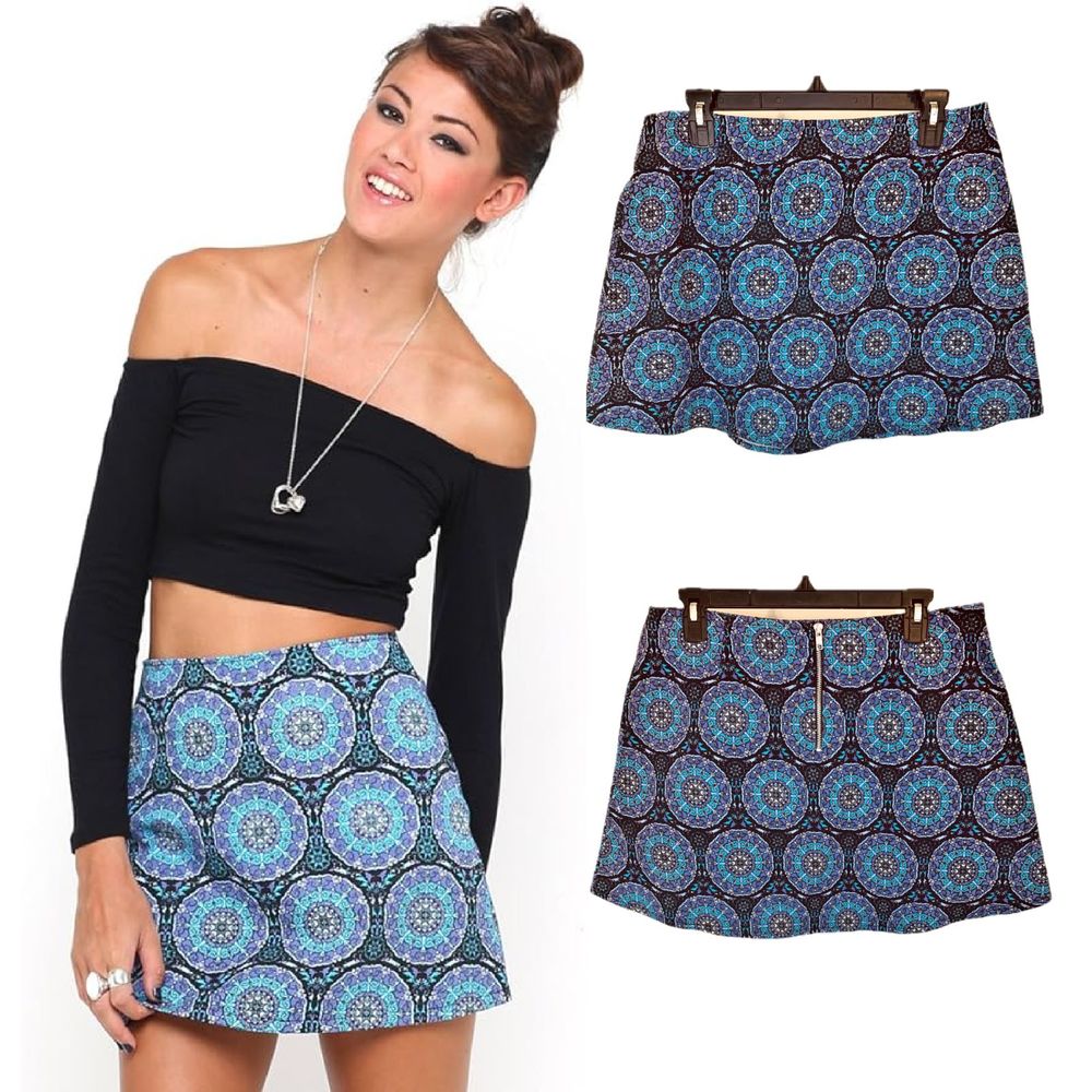 Motel Rocks Annie A-Line Mini Skirt in Mandala Blue Black Print High Waist Large